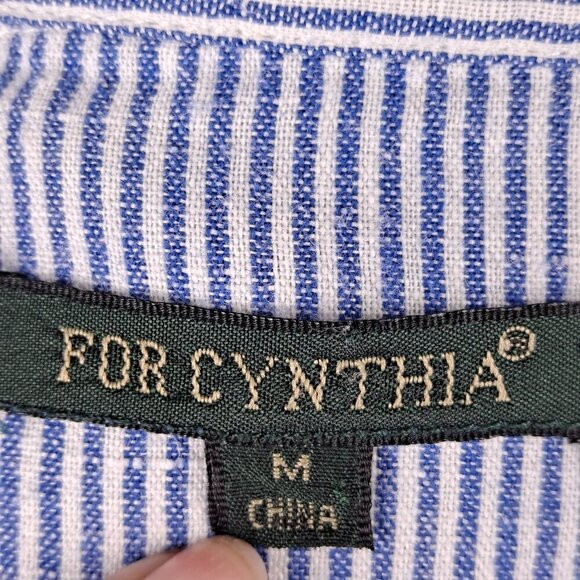 For Cynthia Sz Medium Blue White Striped Tunic Long Sleeve Roll Tab Split V-neck - Picture 11 of 15